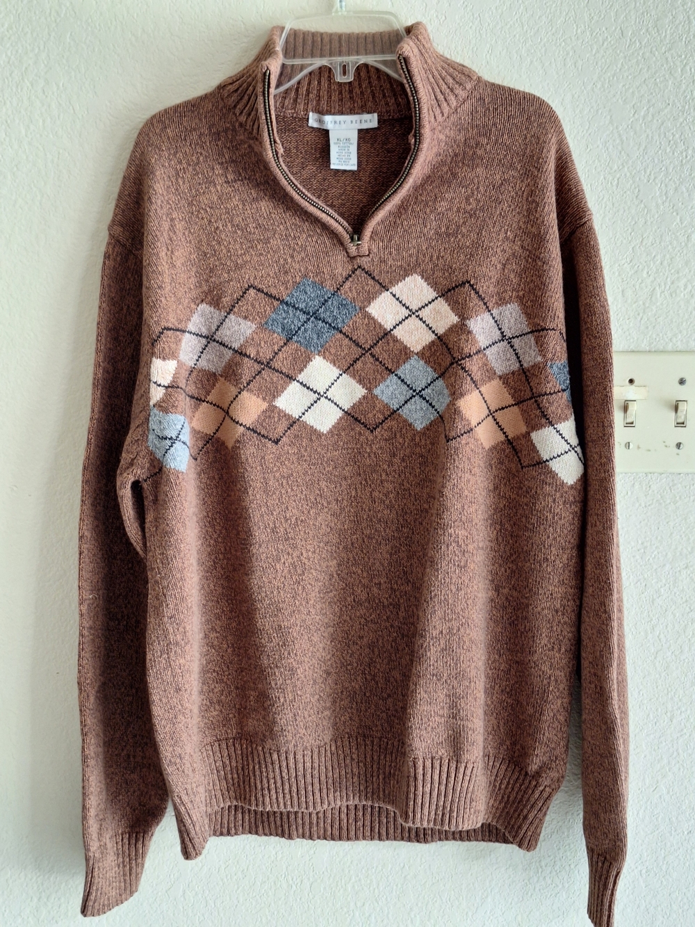 Geoffrey Beene SzXL Brown Argyle V-Neck Half-Zip Sweater Heavy